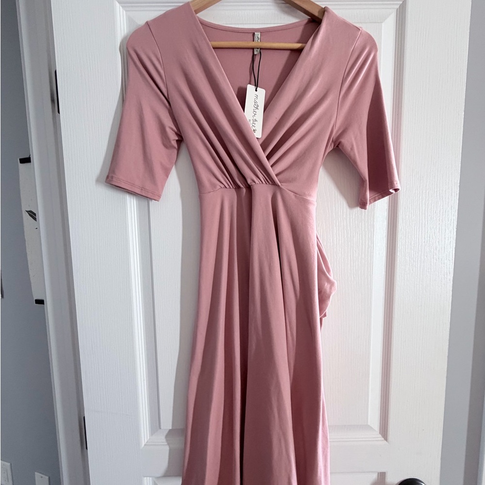 Mother Bee Maternity Dusty Rose Long Sleeve Wrap Maternity Dress
